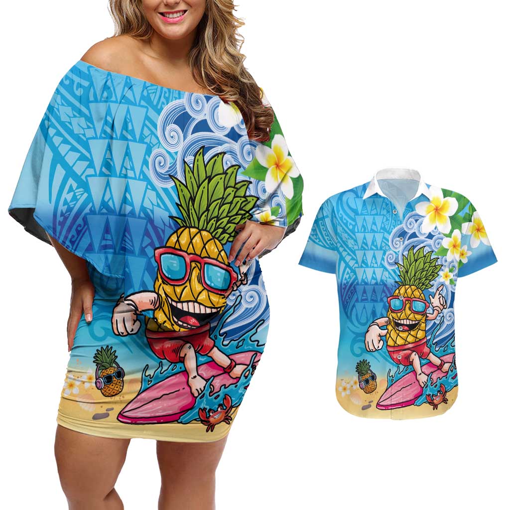 Hawaiian Funny Pineapple Surfing Couples Matching Off Shoulder Short Dress and Hawaiian Shirt Beach with Tribal Kakau and Plumeria LT03 Multicolor - Polynesian Pride