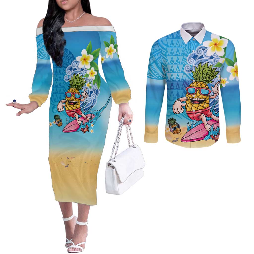 Hawaiian Funny Pineapple Surfing Couples Matching Off The Shoulder Long Sleeve Dress and Long Sleeve Button Shirt Beach with Tribal Kakau and Plumeria