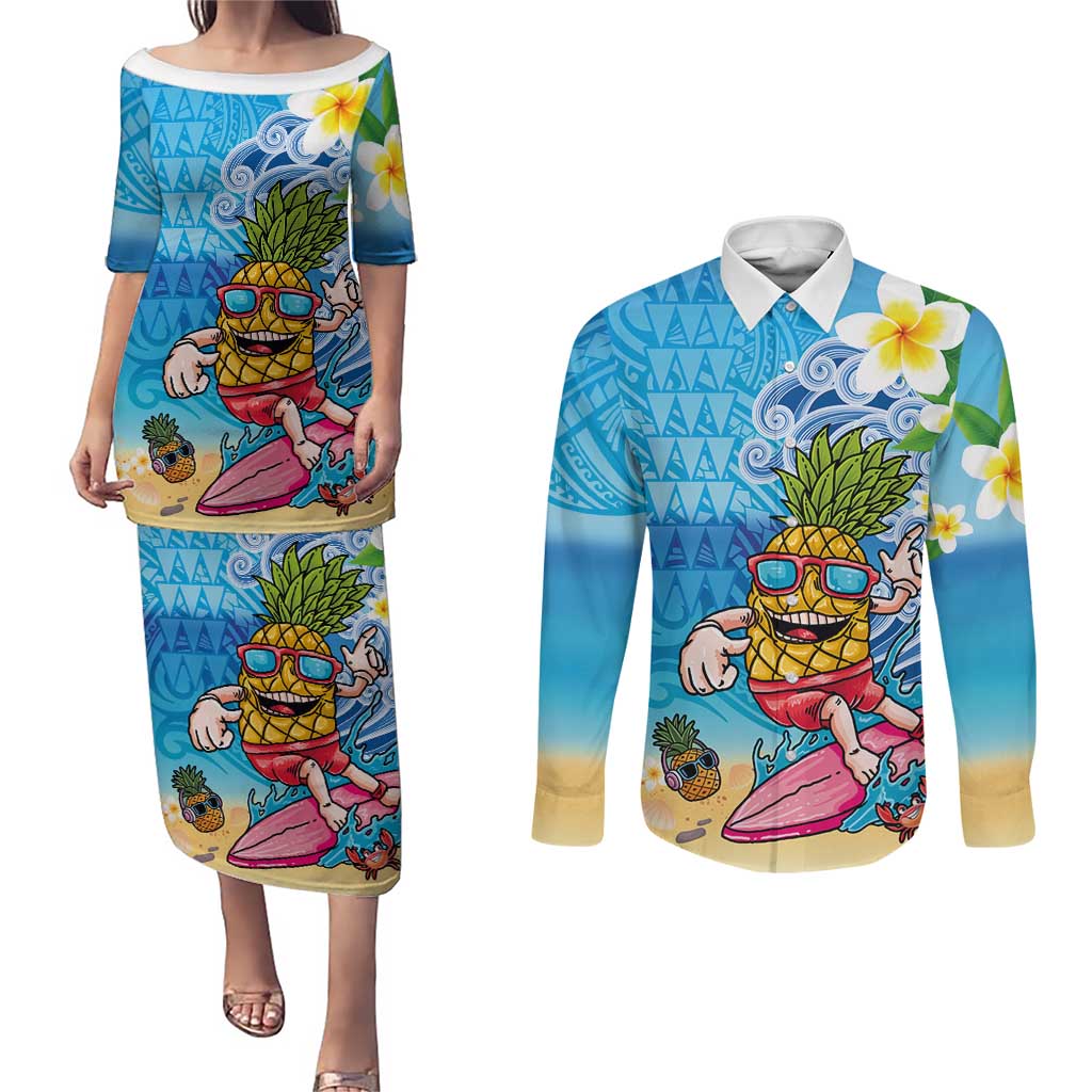 Hawaiian Funny Pineapple Surfing Couples Matching Puletasi and Long Sleeve Button Shirt Beach with Tribal Kakau and Plumeria LT03 Multicolor - Polynesian Pride