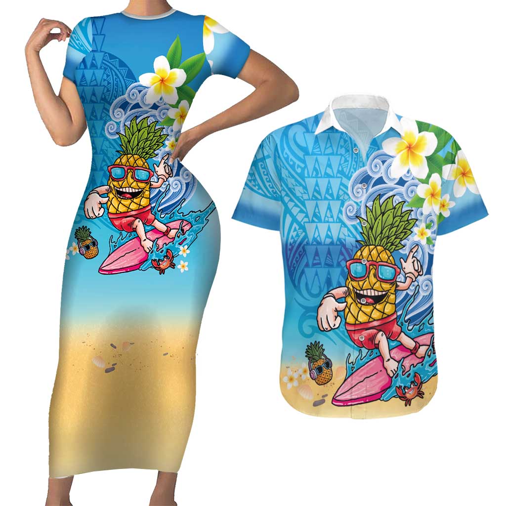 Hawaiian Funny Pineapple Surfing Couples Matching Short Sleeve Bodycon Dress and Hawaiian Shirt Beach with Tribal Kakau and Plumeria LT03 Multicolor - Polynesian Pride