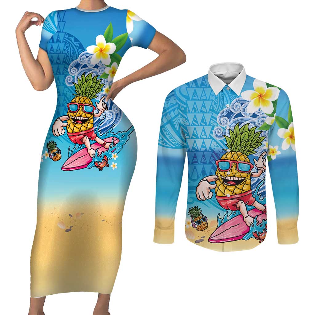 Hawaiian Funny Pineapple Surfing Couples Matching Short Sleeve Bodycon Dress and Long Sleeve Button Shirt Beach with Tribal Kakau and Plumeria LT03 Multicolor - Polynesian Pride