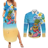 Hawaiian Funny Pineapple Surfing Couples Matching Summer Maxi Dress and Long Sleeve Button Shirt Beach with Tribal Kakau and Plumeria