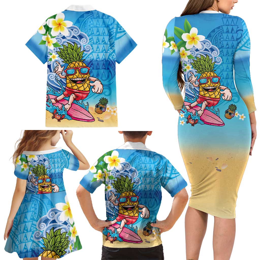Hawaiian Funny Pineapple Surfing Family Matching Long Sleeve Bodycon Dress and Hawaiian Shirt Beach with Tribal Kakau and Plumeria