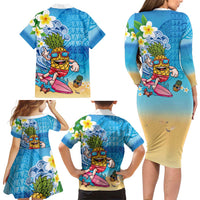 Hawaiian Funny Pineapple Surfing Family Matching Long Sleeve Bodycon Dress and Hawaiian Shirt Beach with Tribal Kakau and Plumeria