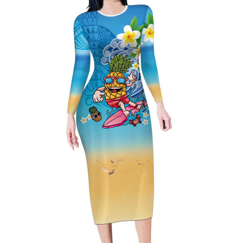 Hawaiian Funny Pineapple Surfing Family Matching Long Sleeve Bodycon Dress and Hawaiian Shirt Beach with Tribal Kakau and Plumeria