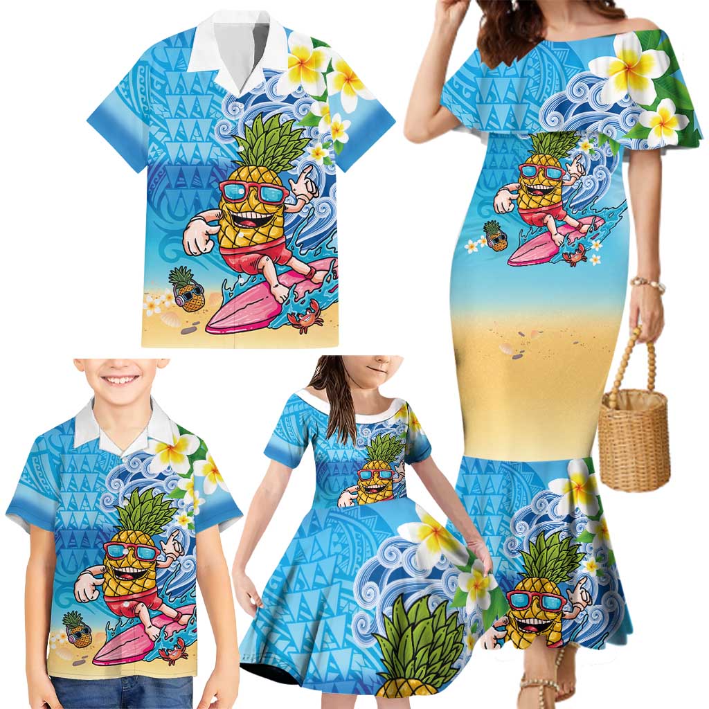 Hawaiian Funny Pineapple Surfing Family Matching Mermaid Dress and Hawaiian Shirt Beach with Tribal Kakau and Plumeria LT03 - Polynesian Pride