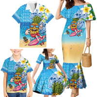 Hawaiian Funny Pineapple Surfing Family Matching Mermaid Dress and Hawaiian Shirt Beach with Tribal Kakau and Plumeria