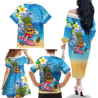 Hawaiian Funny Pineapple Surfing Family Matching Off The Shoulder Long Sleeve Dress and Hawaiian Shirt Beach with Tribal Kakau and Plumeria