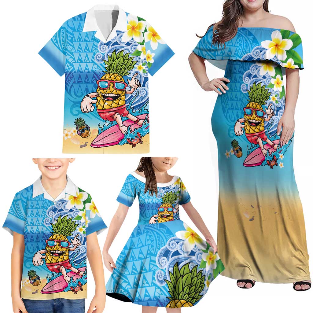 Hawaiian Funny Pineapple Surfing Family Matching Off Shoulder Maxi Dress and Hawaiian Shirt Beach with Tribal Kakau and Plumeria
