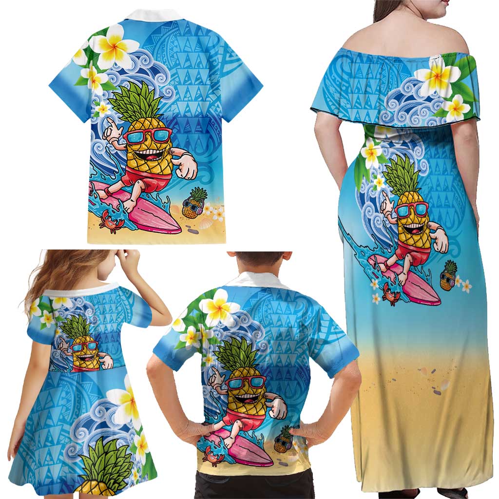 Hawaiian Funny Pineapple Surfing Family Matching Off Shoulder Maxi Dress and Hawaiian Shirt Beach with Tribal Kakau and Plumeria