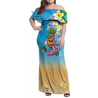 Hawaiian Funny Pineapple Surfing Family Matching Off Shoulder Maxi Dress and Hawaiian Shirt Beach with Tribal Kakau and Plumeria