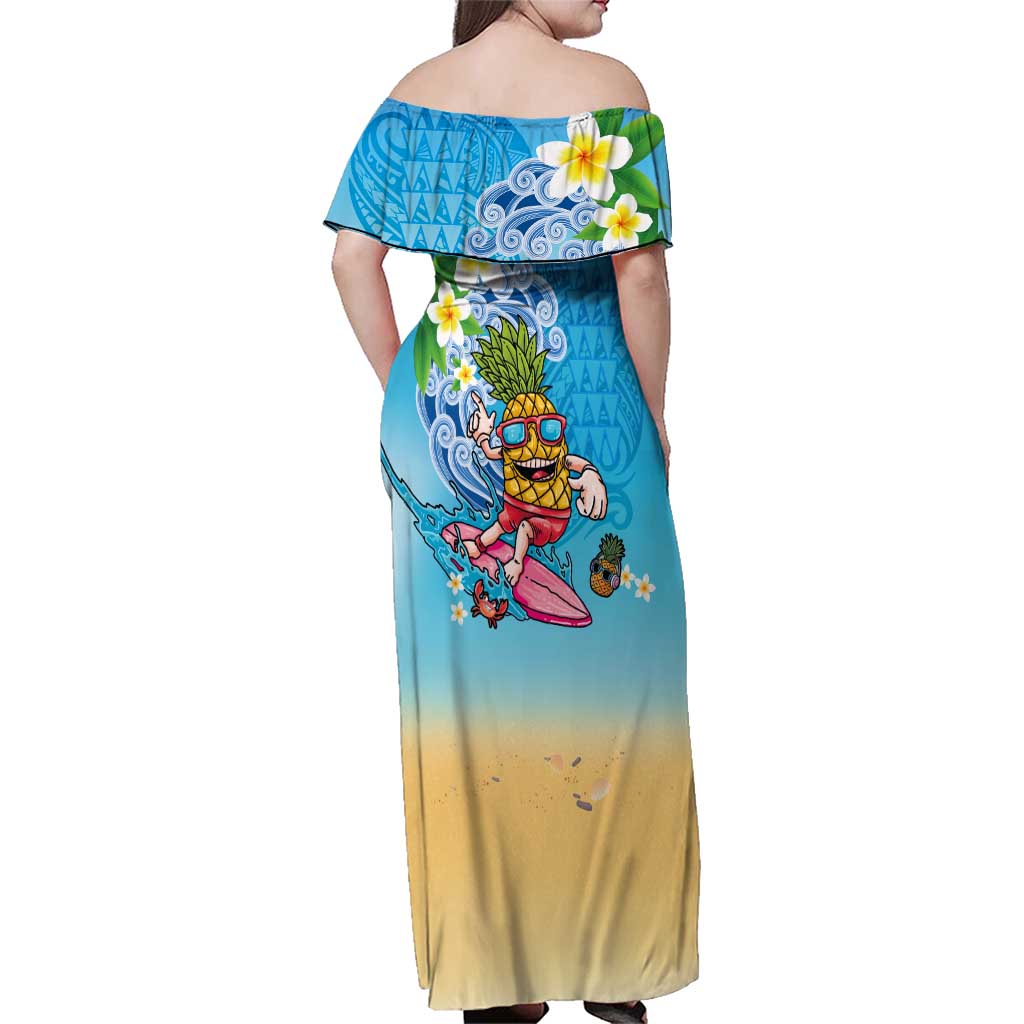 Hawaiian Funny Pineapple Surfing Family Matching Off Shoulder Maxi Dress and Hawaiian Shirt Beach with Tribal Kakau and Plumeria