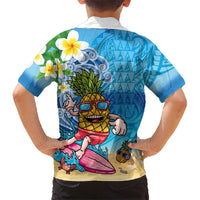 Hawaiian Funny Pineapple Surfing Family Matching Off Shoulder Short Dress and Hawaiian Shirt Beach with Tribal Kakau and Plumeria
