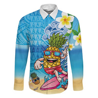 Hawaiian Funny Pineapple Surfing Family Matching Off Shoulder Short Dress and Hawaiian Shirt Beach with Tribal Kakau and Plumeria