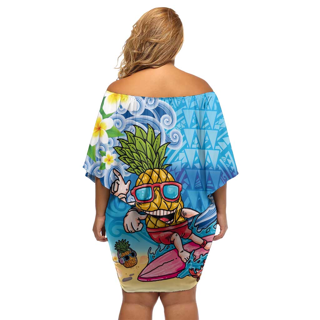 Hawaiian Funny Pineapple Surfing Family Matching Off Shoulder Short Dress and Hawaiian Shirt Beach with Tribal Kakau and Plumeria
