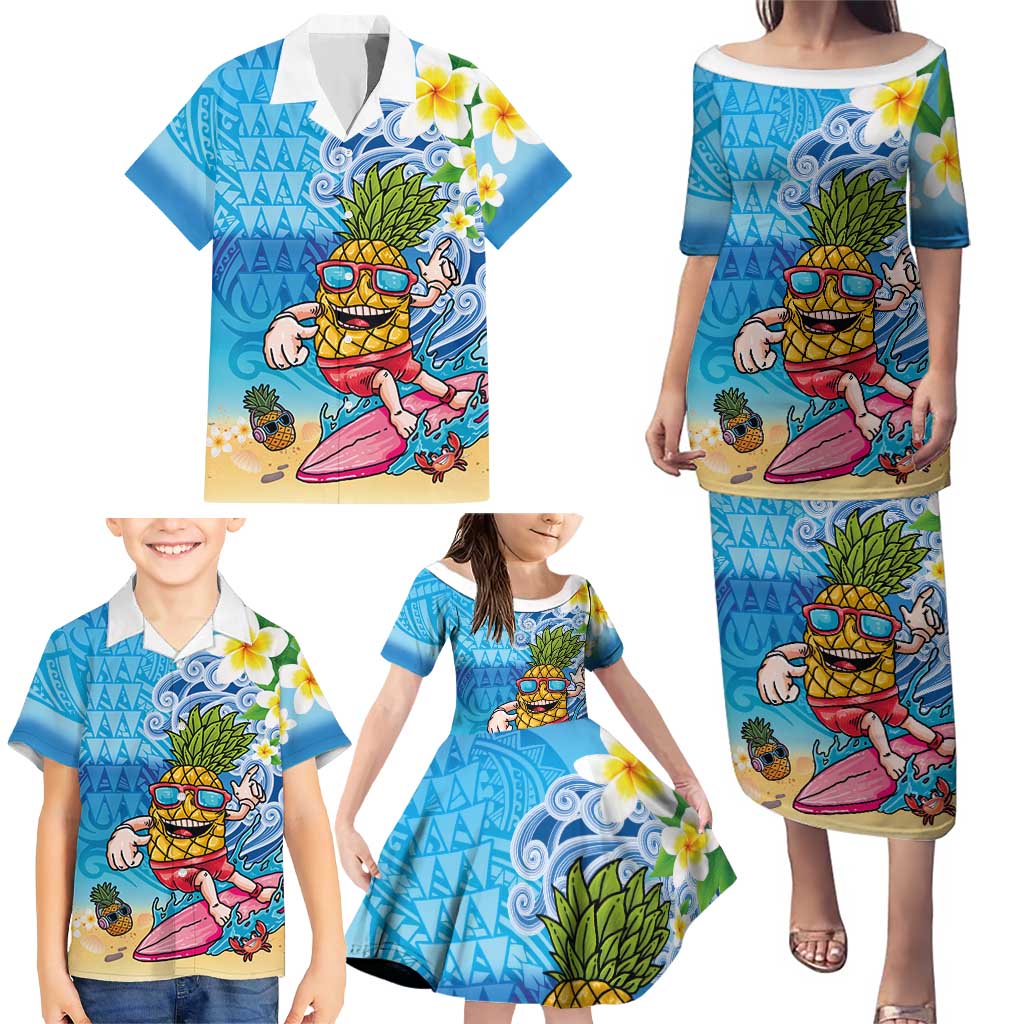 Hawaiian Funny Pineapple Surfing Family Matching Puletasi and Hawaiian Shirt Beach with Tribal Kakau and Plumeria LT03 - Polynesian Pride
