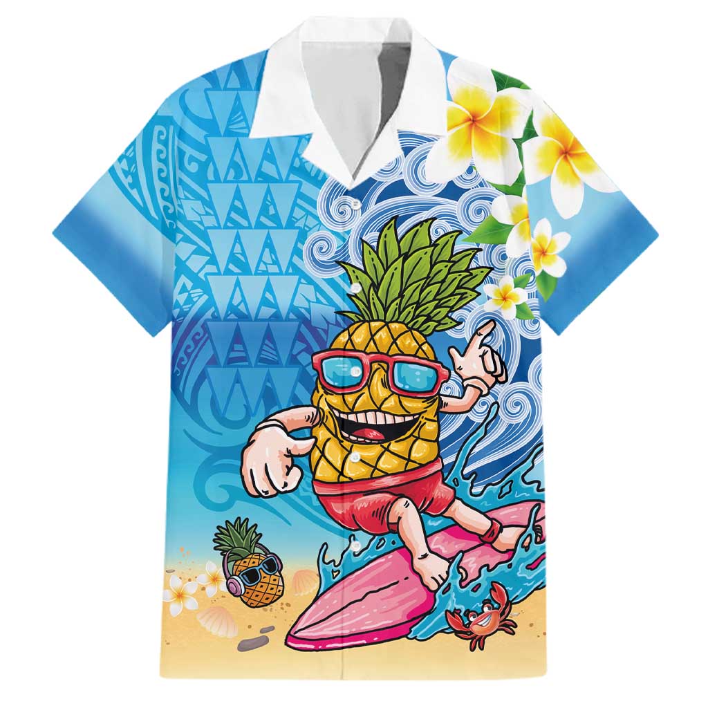 Hawaiian Funny Pineapple Surfing Family Matching Puletasi and Hawaiian Shirt Beach with Tribal Kakau and Plumeria