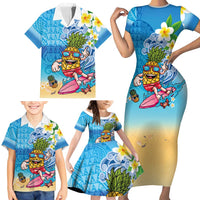 Hawaiian Funny Pineapple Surfing Family Matching Short Sleeve Bodycon Dress and Hawaiian Shirt Beach with Tribal Kakau and Plumeria