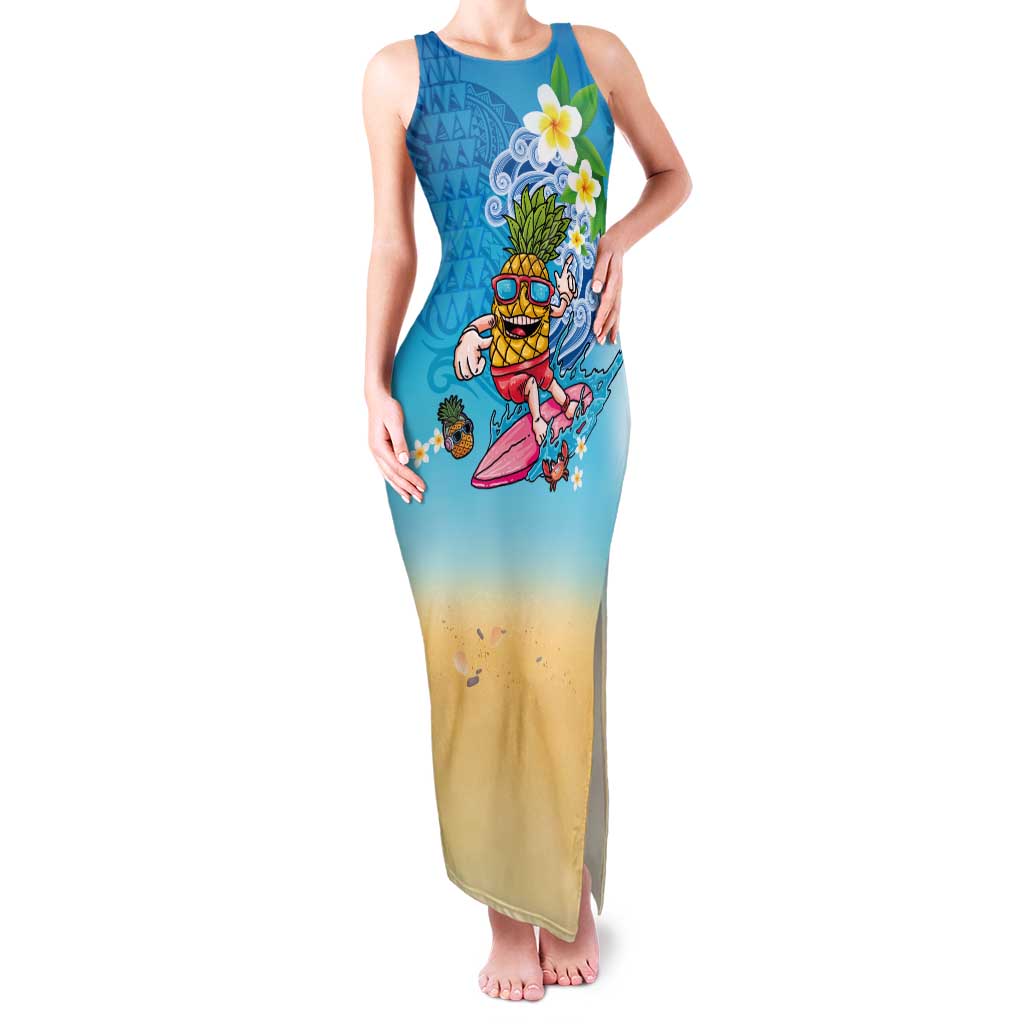 Hawaiian Funny Pineapple Surfing Family Matching Tank Maxi Dress and Hawaiian Shirt Beach with Tribal Kakau and Plumeria