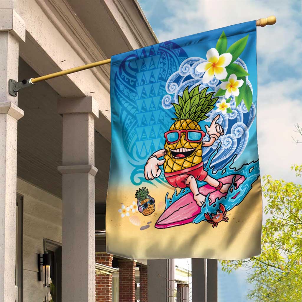 Hawaiian Funny Pineapple Surfing Garden Flag Beach with Tribal Kakau and Plumeria LT03 House Flag Multicolor - Polynesian Pride
