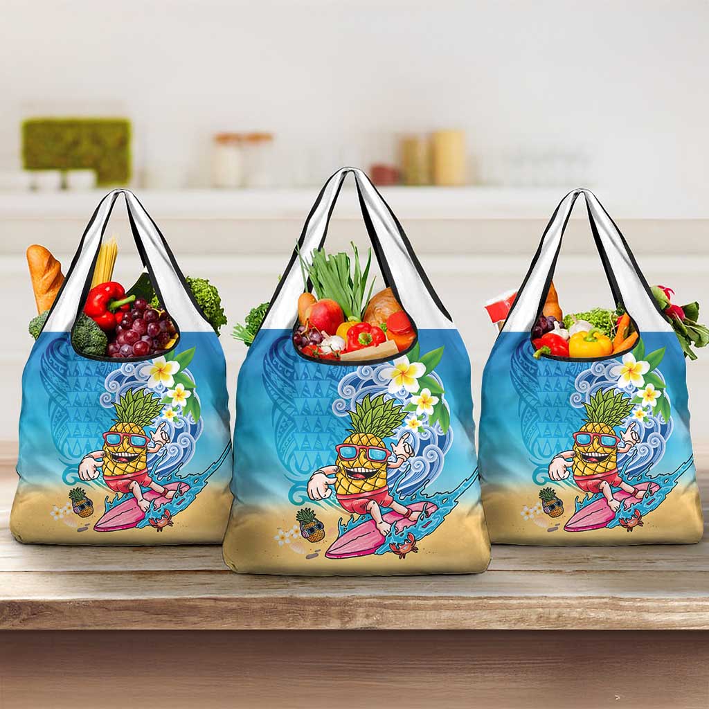 Hawaiian Funny Pineapple Surfing Grocery Bag Beach with Tribal Kakau and Plumeria LT03 3-pack One Size Multicolor - Polynesian Pride