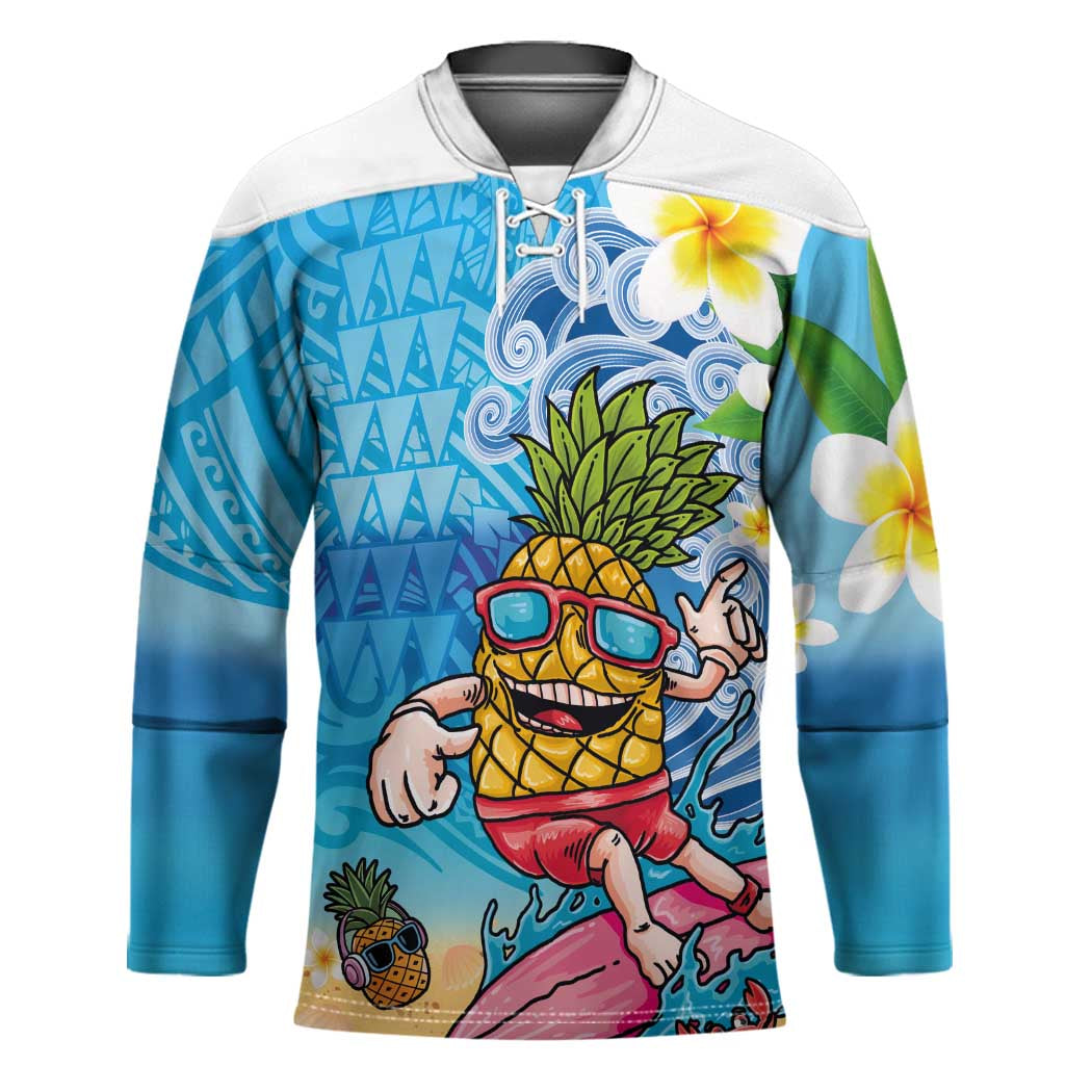 Hawaiian Funny Pineapple Surfing Hockey Jersey Beach with Tribal Kakau and Plumeria LT03 Unisex Multicolor - Polynesian Pride