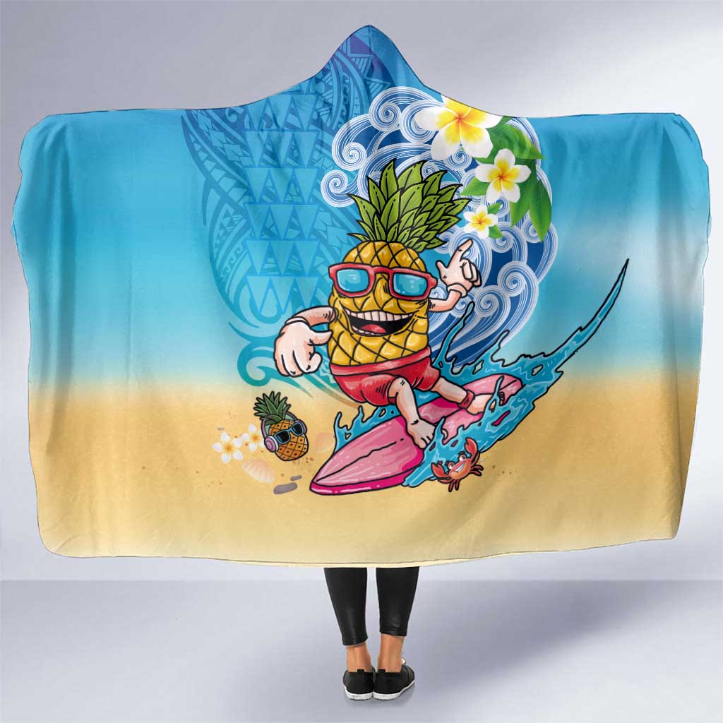 Hawaiian Funny Pineapple Surfing Hooded Blanket Beach with Tribal Kakau and Plumeria LT03 One Size Multicolor - Polynesian Pride