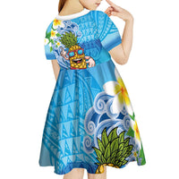 Hawaiian Funny Pineapple Surfing Kid Short Sleeve Dress Beach with Tribal Kakau and Plumeria