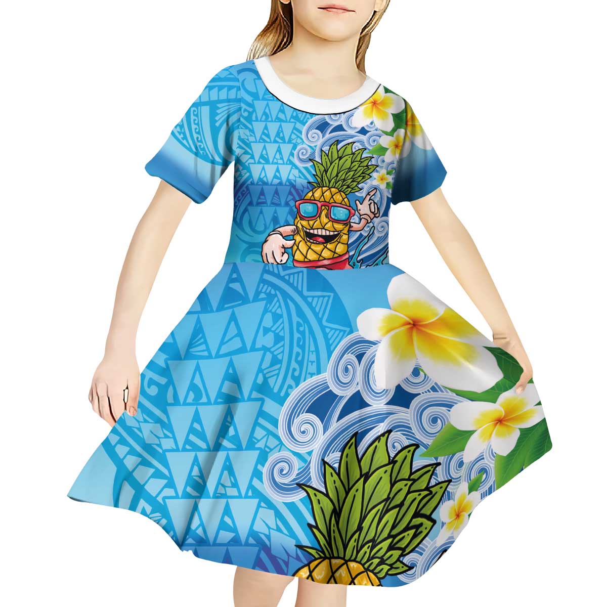 Hawaiian Funny Pineapple Surfing Kid Short Sleeve Dress Beach with Tribal Kakau and Plumeria