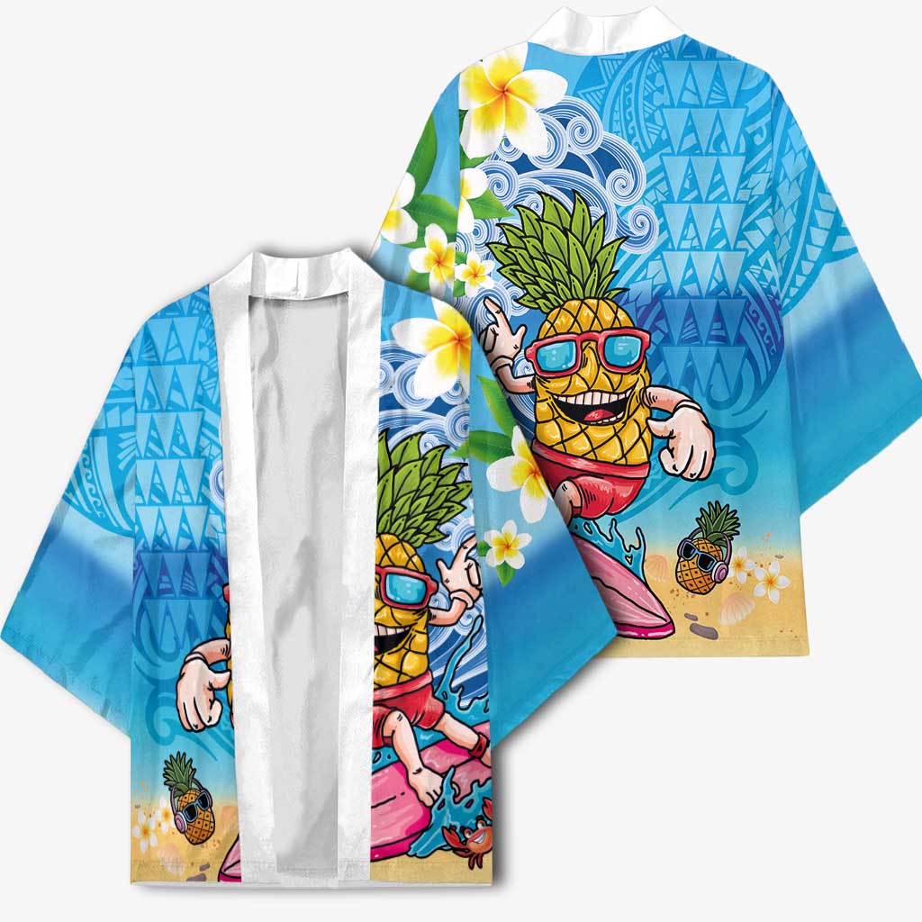 Hawaiian Funny Pineapple Surfing Kimono Beach with Tribal Kakau and Plumeria LT03 - Polynesian Pride