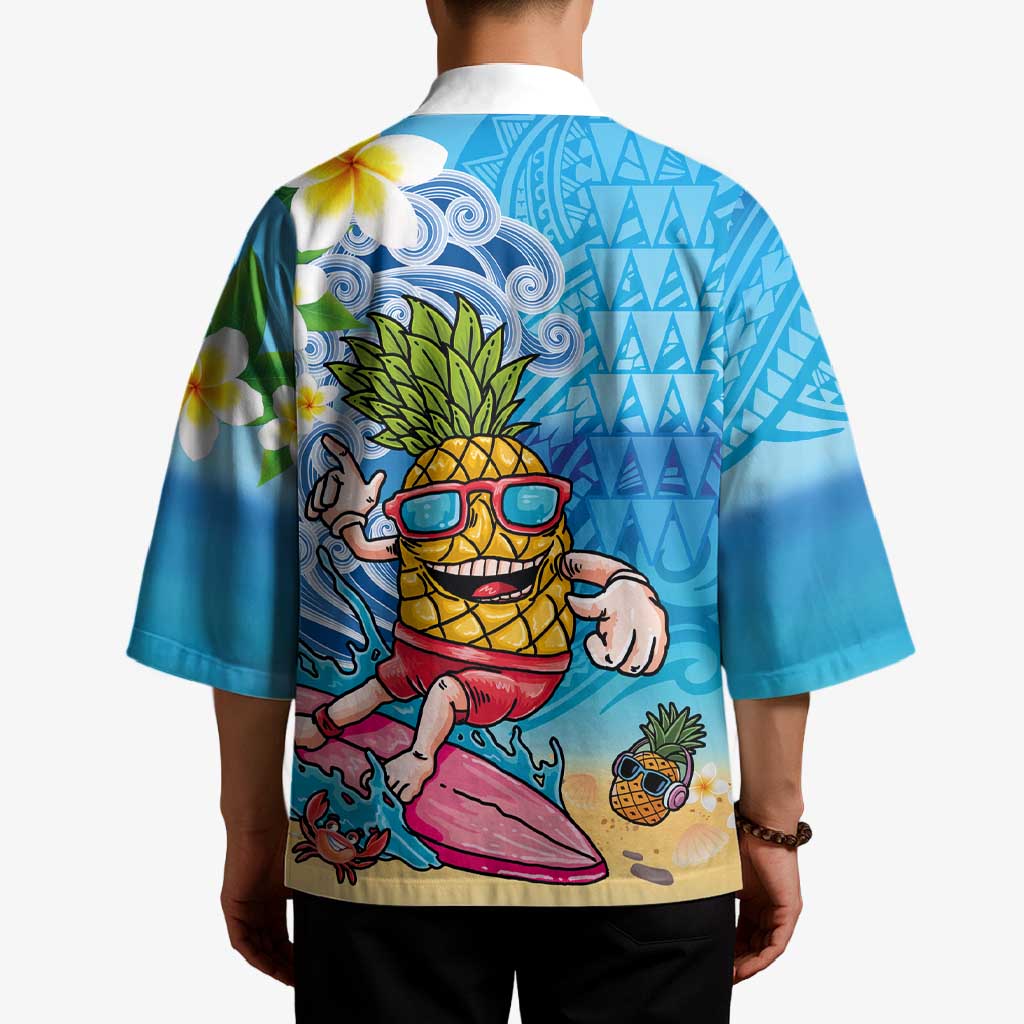 Hawaiian Funny Pineapple Surfing Kimono Beach with Tribal Kakau and Plumeria LT03 - Polynesian Pride