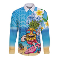 Hawaiian Funny Pineapple Surfing Long Sleeve Button Shirt Beach with Tribal Kakau and Plumeria