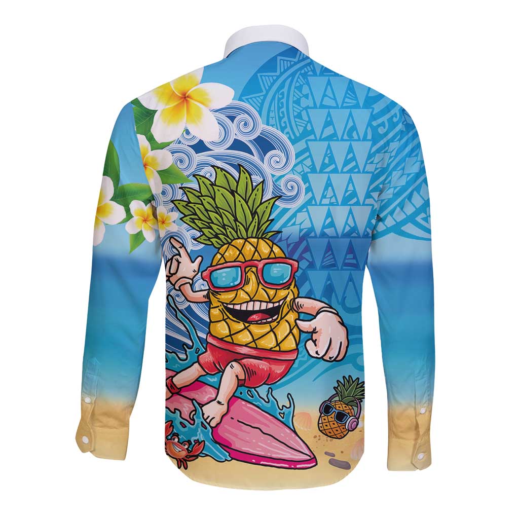 Hawaiian Funny Pineapple Surfing Long Sleeve Button Shirt Beach with Tribal Kakau and Plumeria