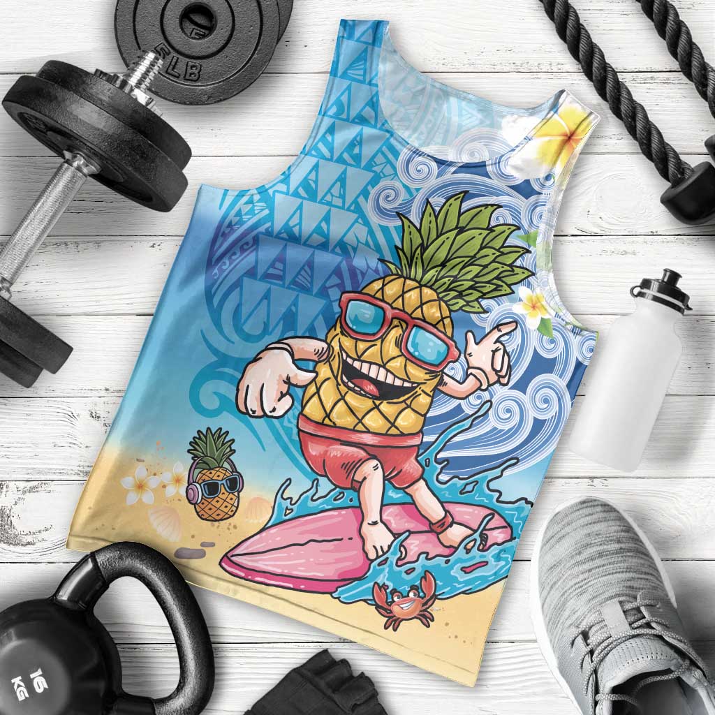 Hawaiian Funny Pineapple Surfing Men Tank Top Beach with Tribal Kakau and Plumeria LT03 - Polynesian Pride