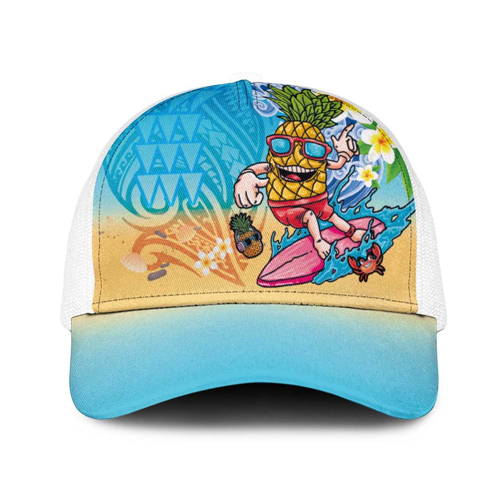 Hawaiian Funny Pineapple Surfing Mesh Trucker Cap Beach with Tribal Kakau and Plumeria