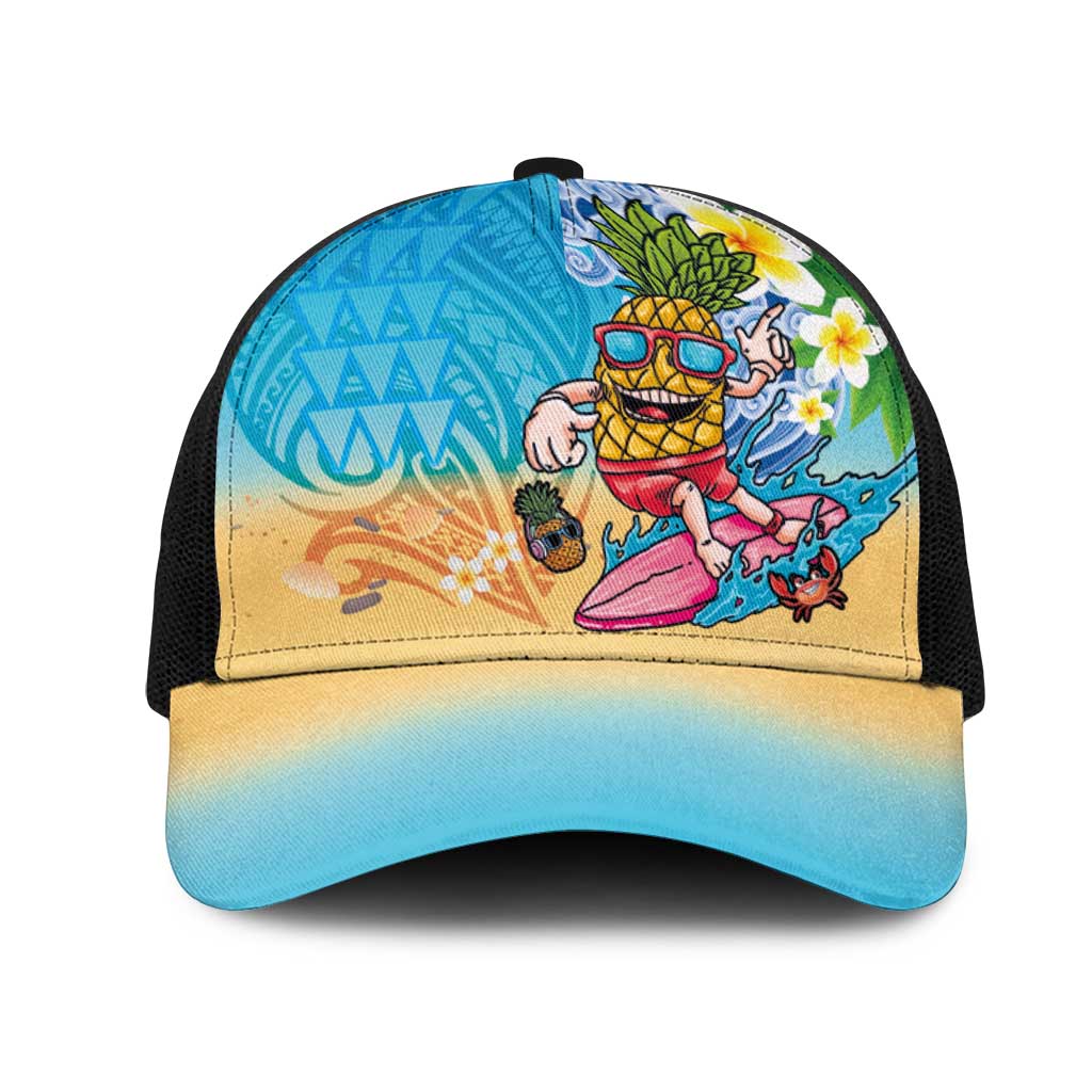 Hawaiian Funny Pineapple Surfing Mesh Trucker Cap Beach with Tribal Kakau and Plumeria LT03 One Size Black Multicolor - Polynesian Pride