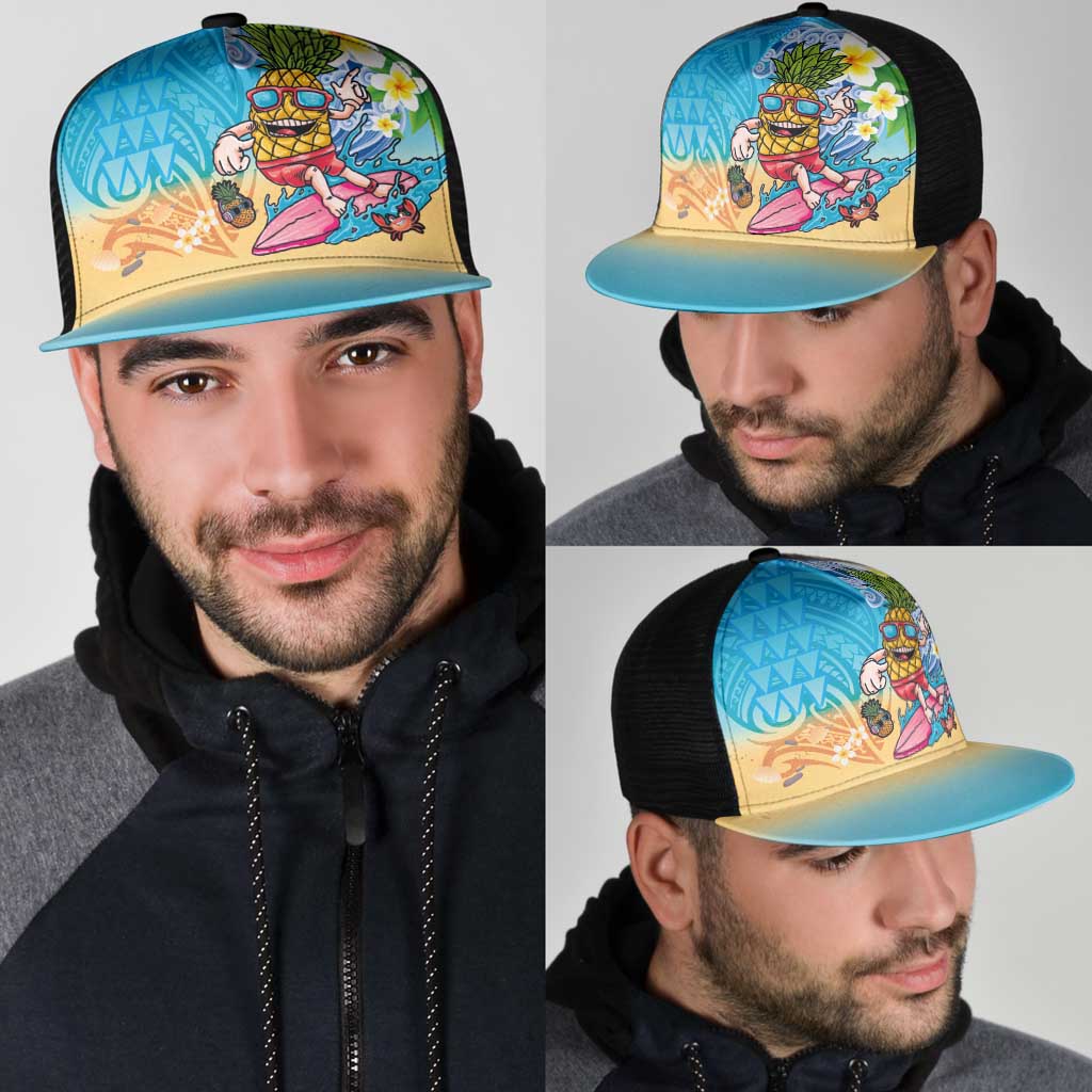 Hawaiian Funny Pineapple Surfing Mesh Trucker Cap Beach with Tribal Kakau and Plumeria LT03 - Polynesian Pride