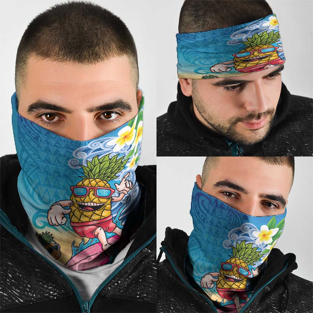 Hawaiian Funny Pineapple Surfing Neck Gaiter Beach with Tribal Kakau and Plumeria