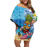Hawaiian Funny Pineapple Surfing Off Shoulder Short Dress Beach with Tribal Kakau and Plumeria