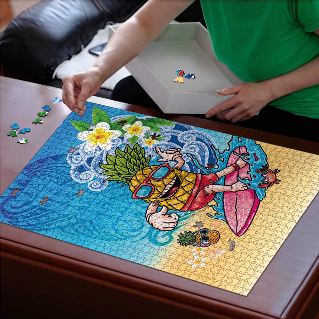 Hawaiian Funny Pineapple Surfing Puzzle Beach with Tribal Kakau and Plumeria LT03 - Polynesian Pride