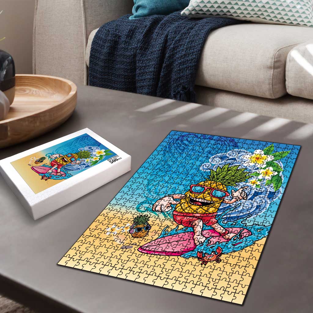 Hawaiian Funny Pineapple Surfing Puzzle Beach with Tribal Kakau and Plumeria LT03 - Polynesian Pride