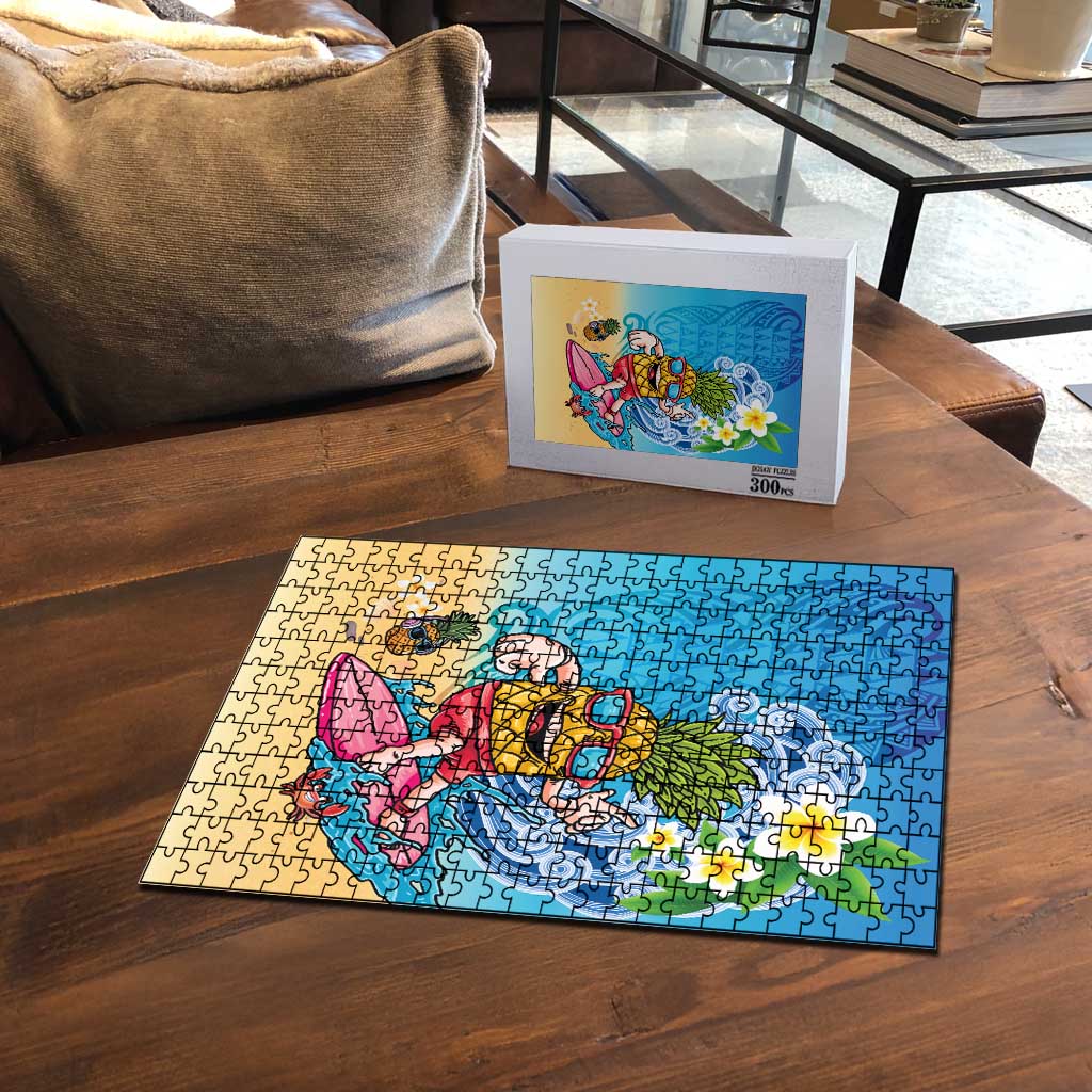 Hawaiian Funny Pineapple Surfing Puzzle Beach with Tribal Kakau and Plumeria LT03 - Polynesian Pride