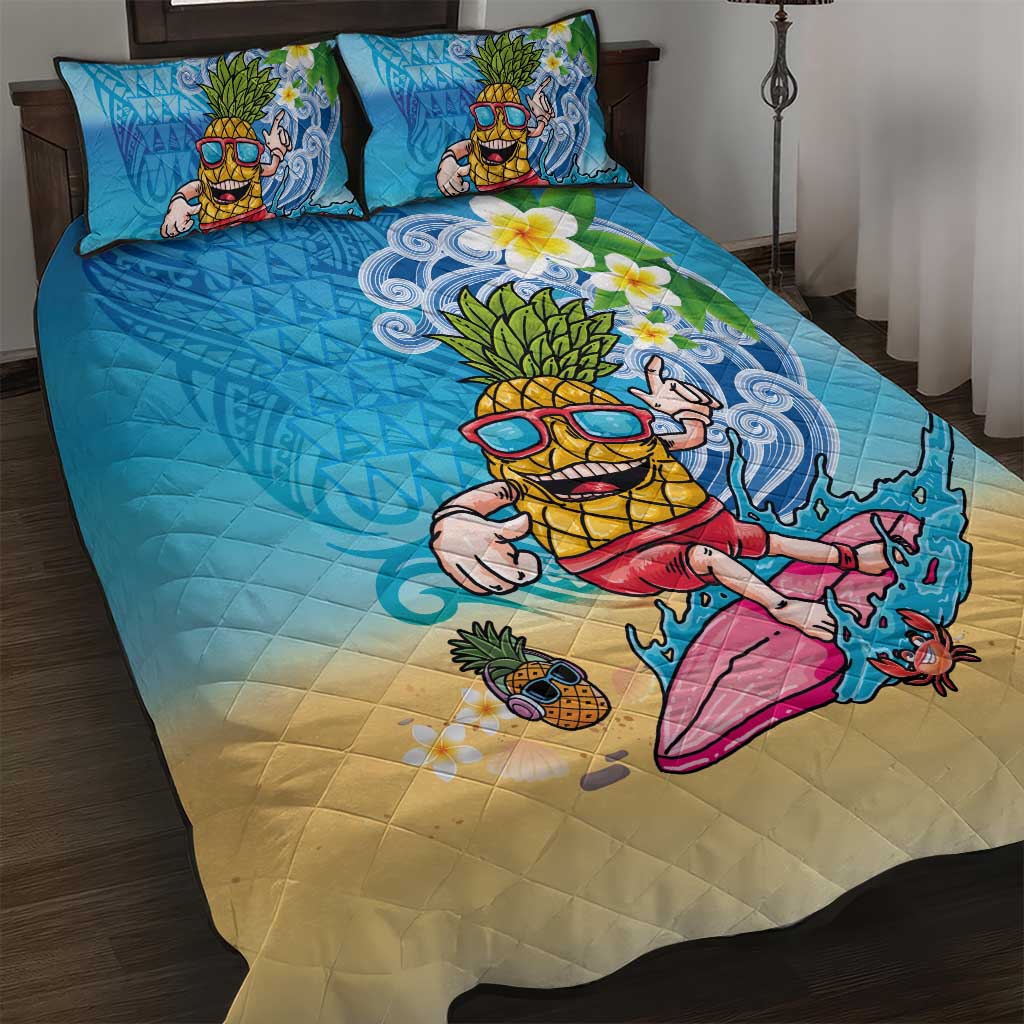 Hawaiian Funny Pineapple Surfing Quilt Bed Set Beach with Tribal Kakau and Plumeria LT03 Multicolor - Polynesian Pride