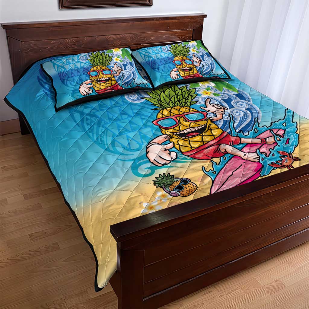 Hawaiian Funny Pineapple Surfing Quilt Bed Set Beach with Tribal Kakau and Plumeria LT03 - Polynesian Pride