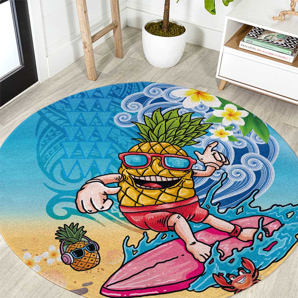Hawaiian Funny Pineapple Surfing Round Carpet Beach with Tribal Kakau and Plumeria LT03 Multicolor - Polynesian Pride