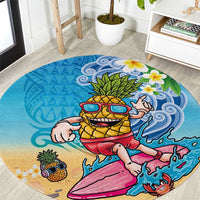 Hawaiian Funny Pineapple Surfing Round Carpet Beach with Tribal Kakau and Plumeria