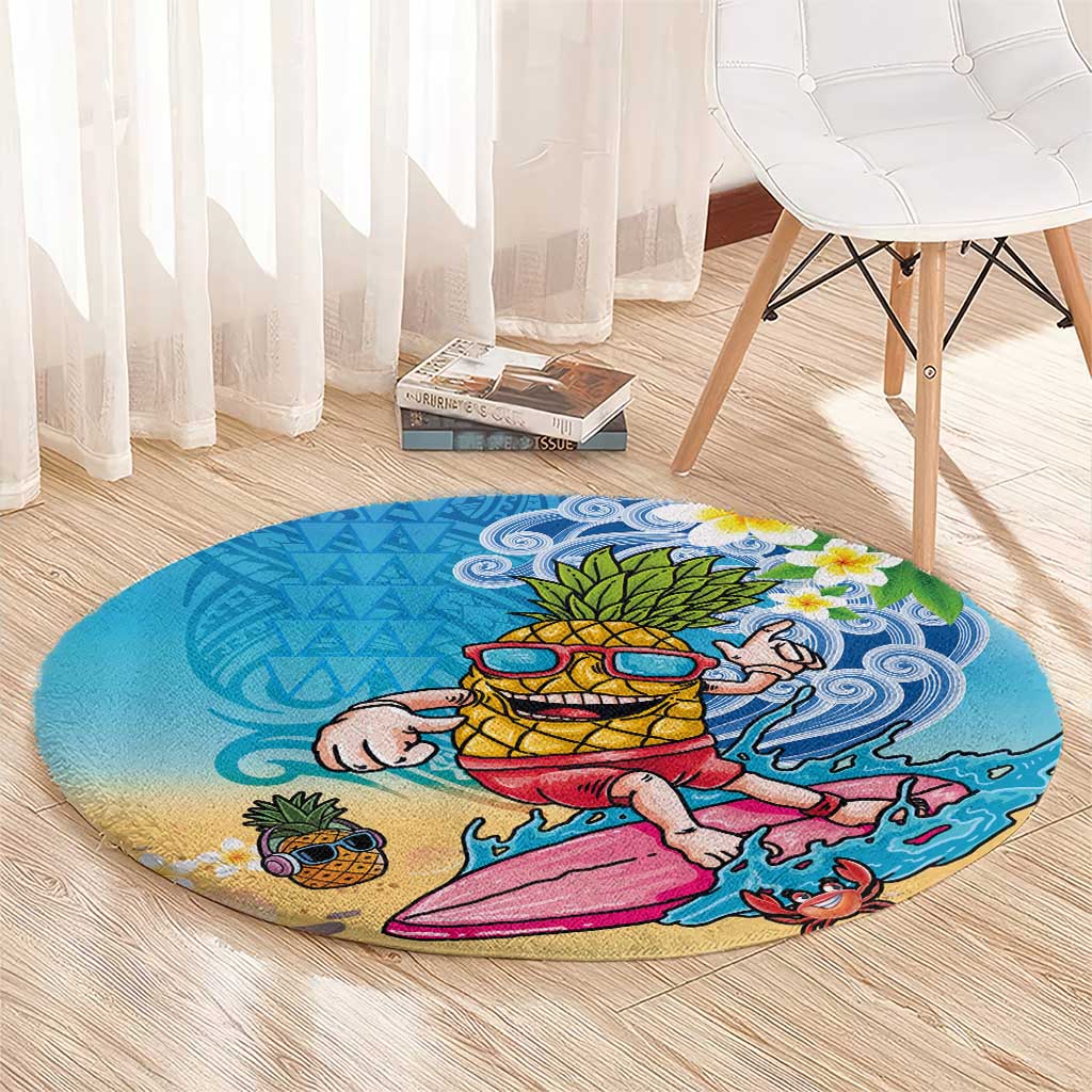 Hawaiian Funny Pineapple Surfing Round Carpet Beach with Tribal Kakau and Plumeria