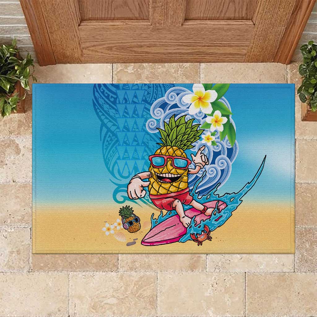 Hawaiian Funny Pineapple Surfing Rubber Doormat Beach with Tribal Kakau and Plumeria LT03 Multicolor - Polynesian Pride