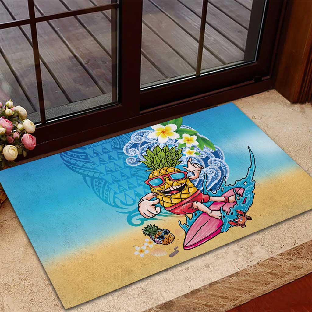 Hawaiian Funny Pineapple Surfing Rubber Doormat Beach with Tribal Kakau and Plumeria LT03 - Polynesian Pride