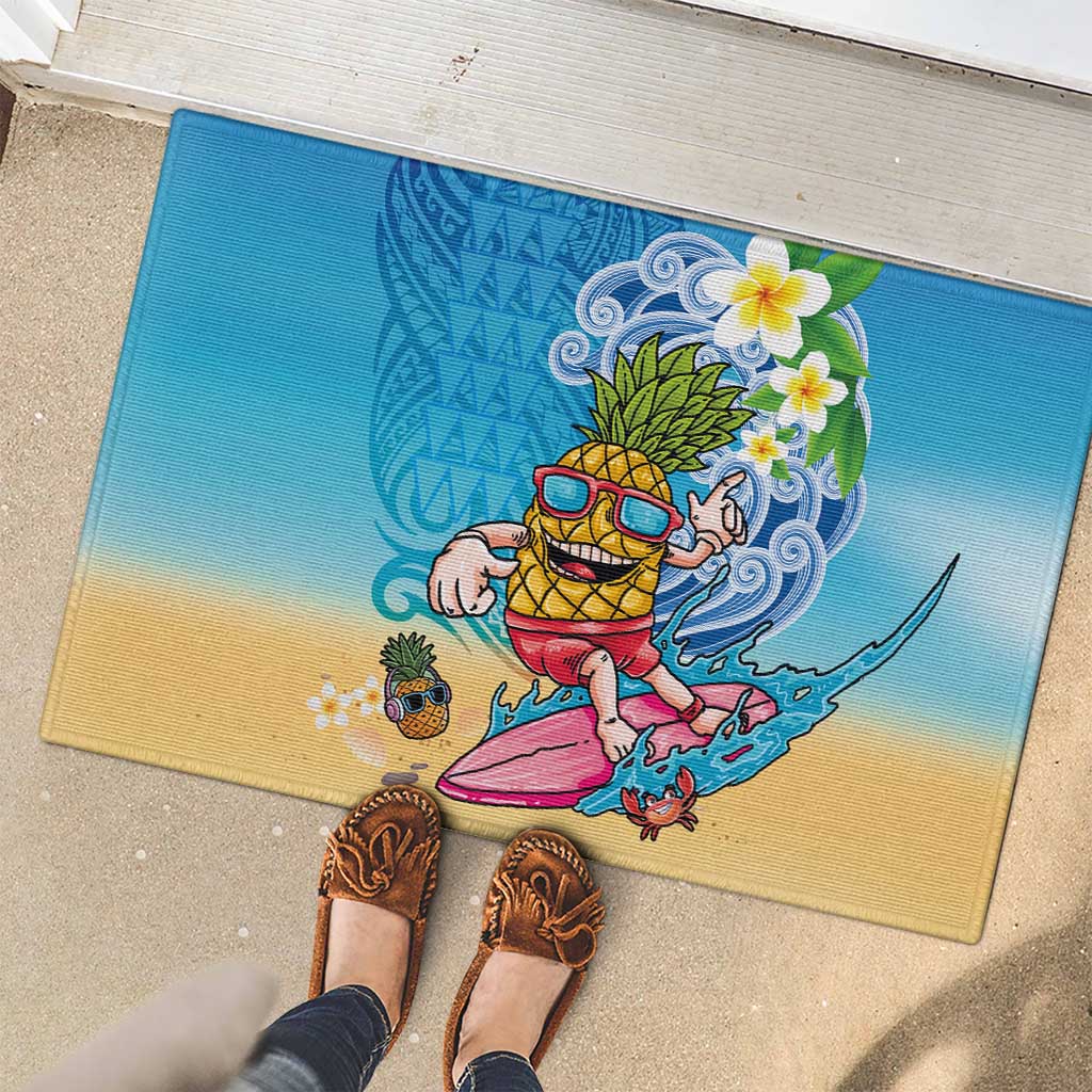 Hawaiian Funny Pineapple Surfing Rubber Doormat Beach with Tribal Kakau and Plumeria LT03 - Polynesian Pride